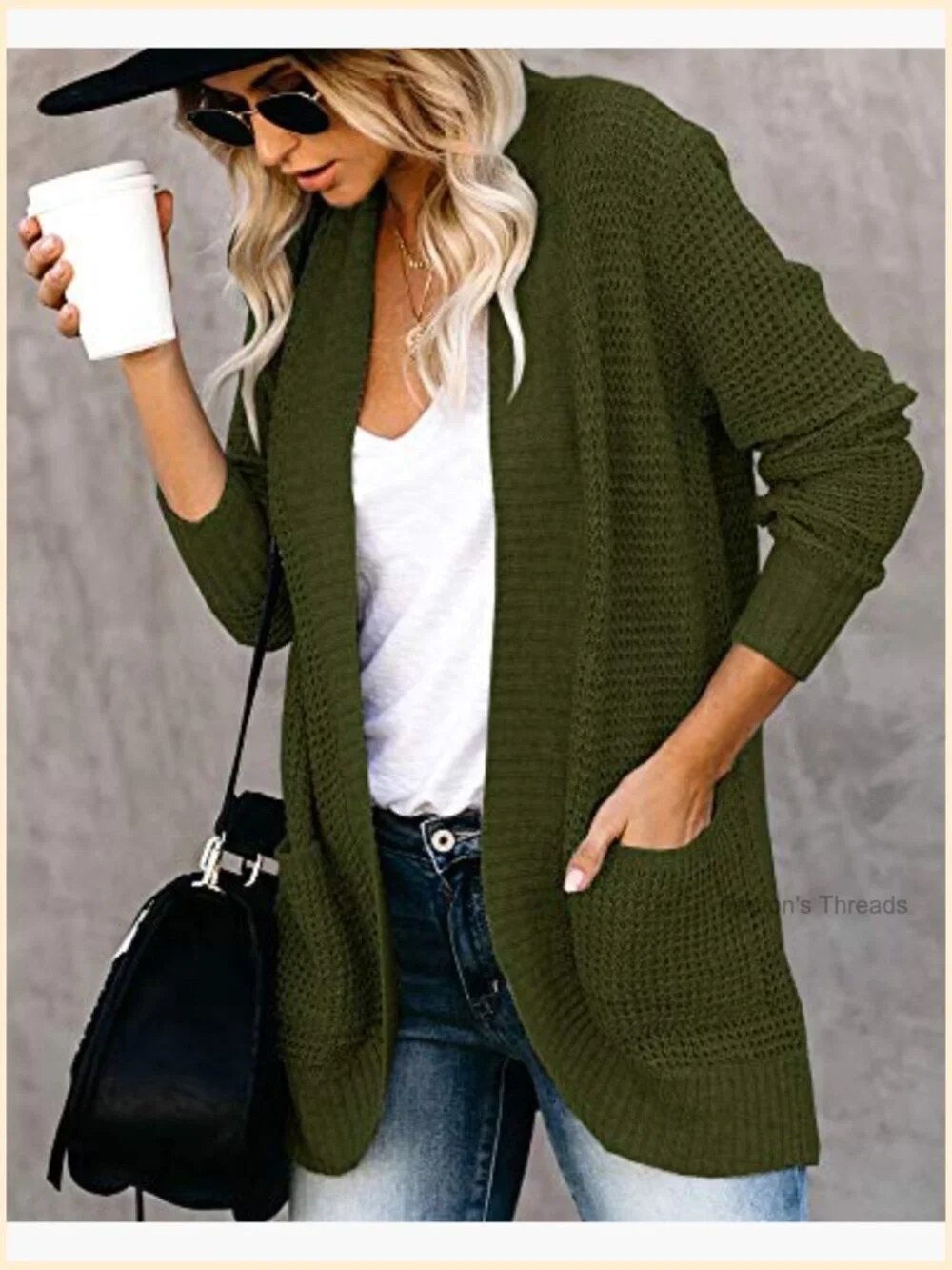 Lightweight Acrylic Nylon Waffle Knit Cardigan with Pockets
